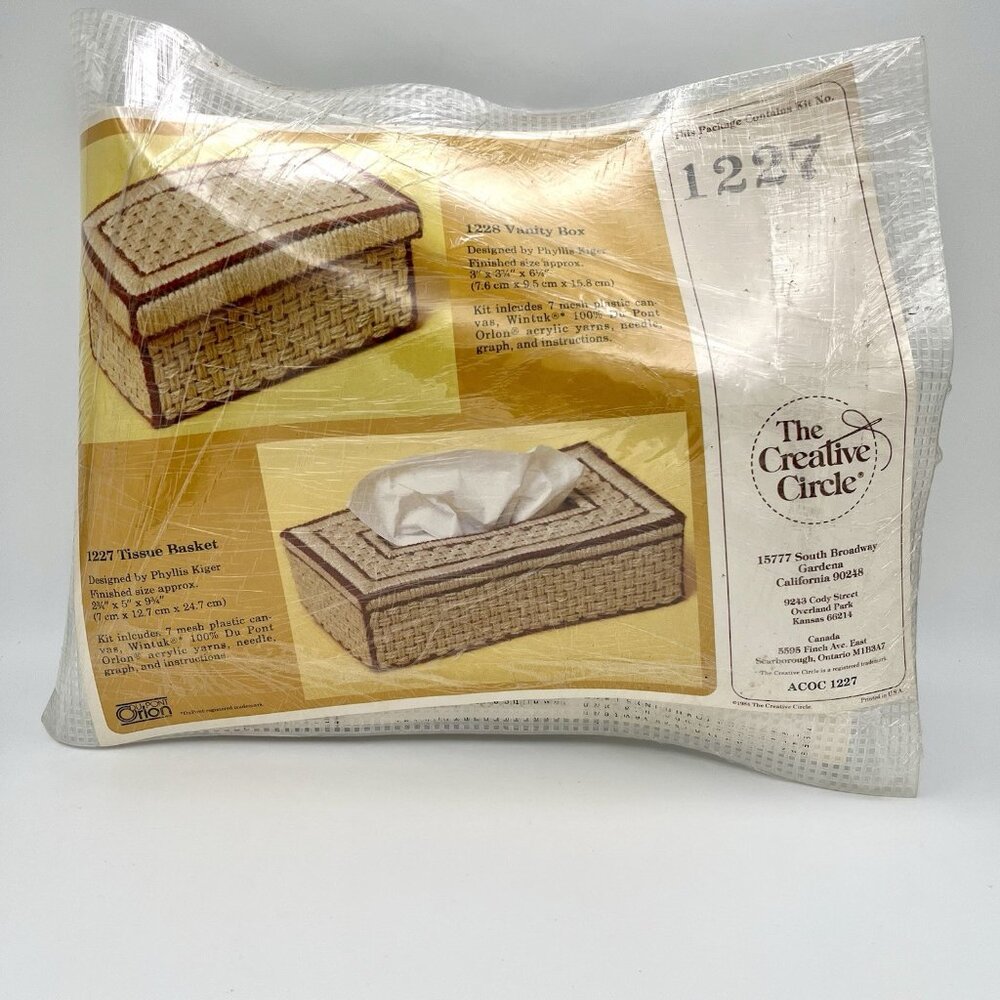 Vintage 80s Creative Circle 1227 Tissue Basket Brown Needlepoint Kit NEW